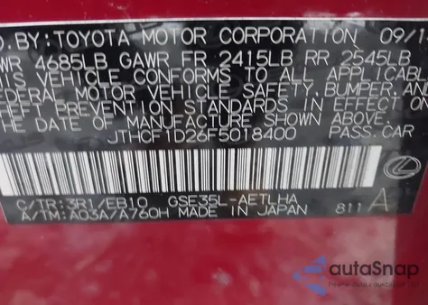 2015 Lexus Is 250 из США, поврежденный, VIN JTHCF1D26F5018400